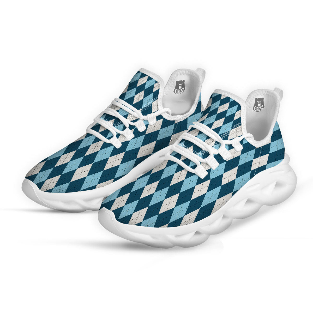 Argyle Soft Blue Print Pattern White Running Shoes-grizzshop
