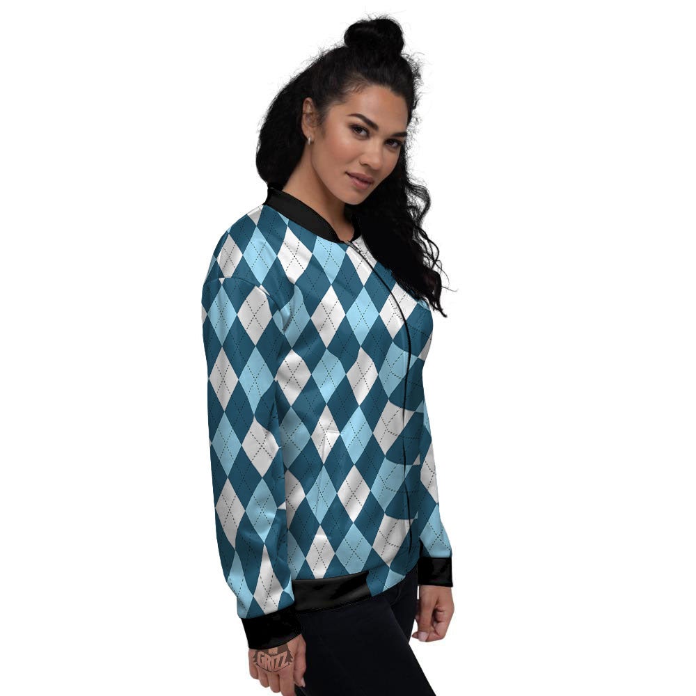 Argyle Soft Blue Print Pattern Women's Bomber Jacket-grizzshop
