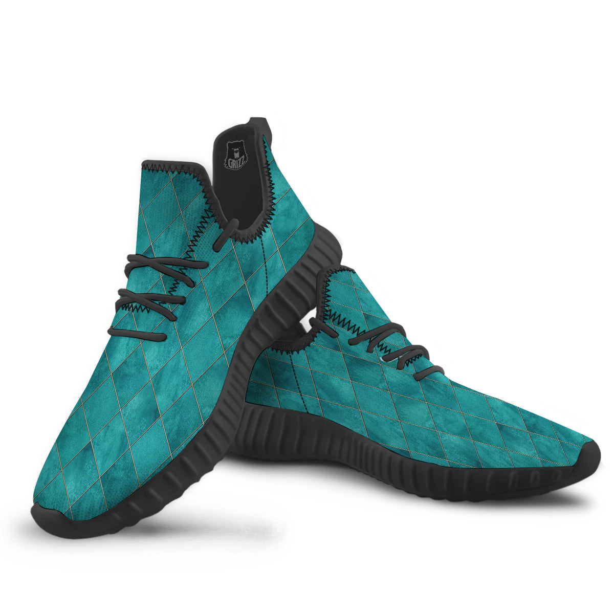 Argyle Turquoise Print Pattern Black Walking Shoes-grizzshop