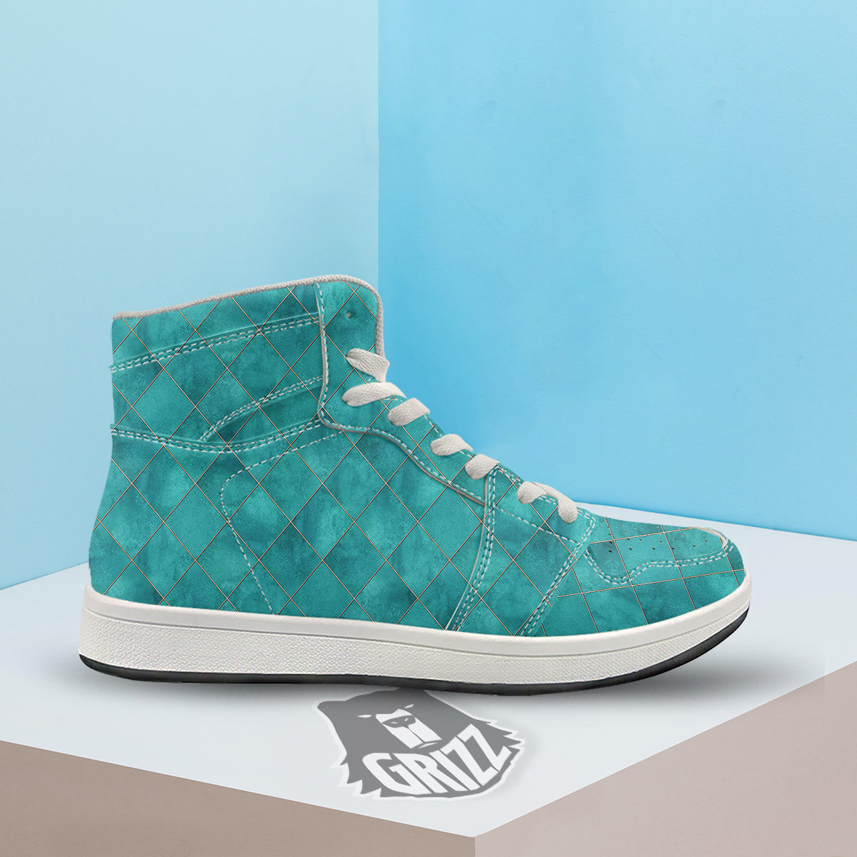 Argyle Turquoise Print Pattern High Top Sneakers-grizzshop