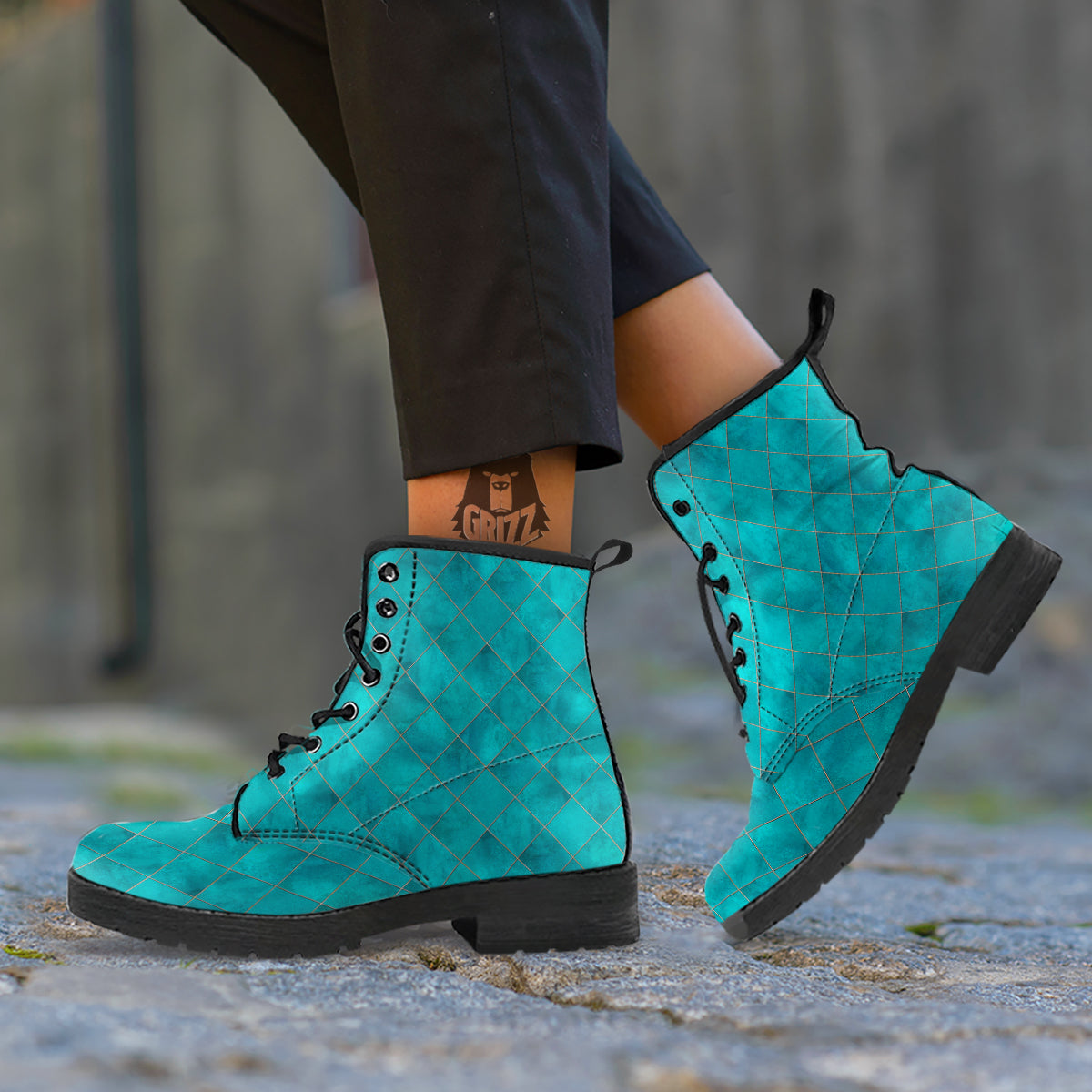 Argyle Turquoise Print Pattern Leather Boots-grizzshop