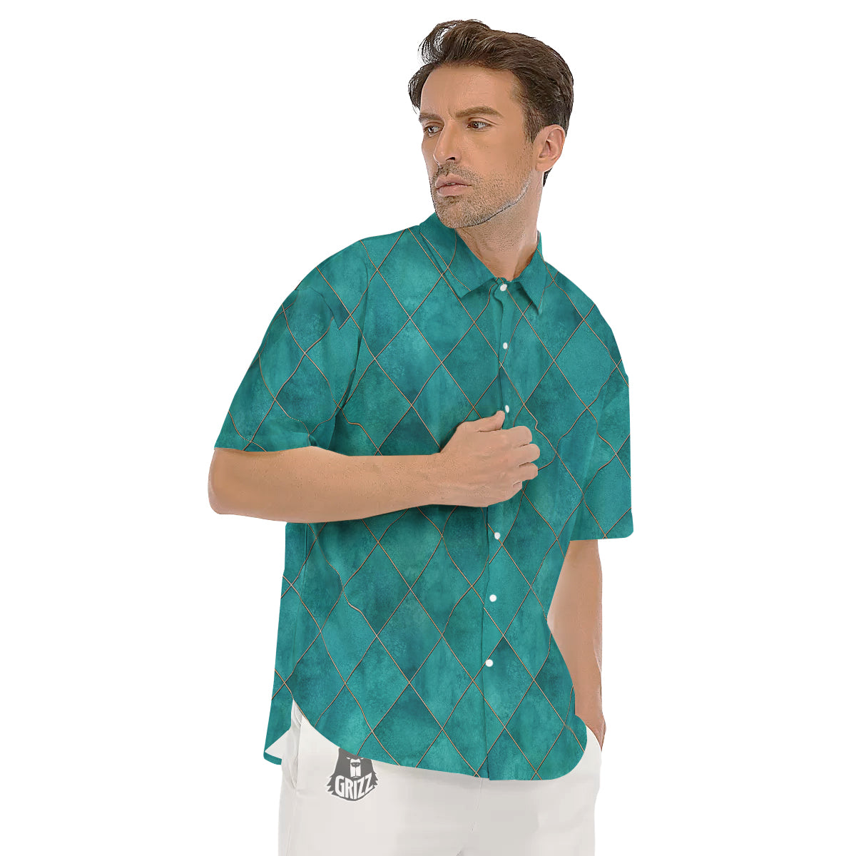 Argyle Turquoise Print Pattern Men's Short Sleeve Shirts-grizzshop