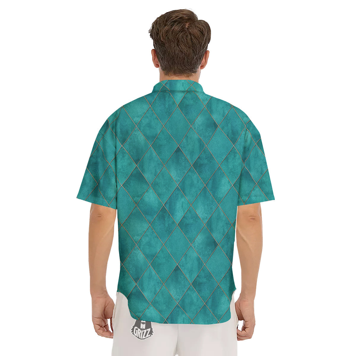 Argyle Turquoise Print Pattern Men's Short Sleeve Shirts-grizzshop