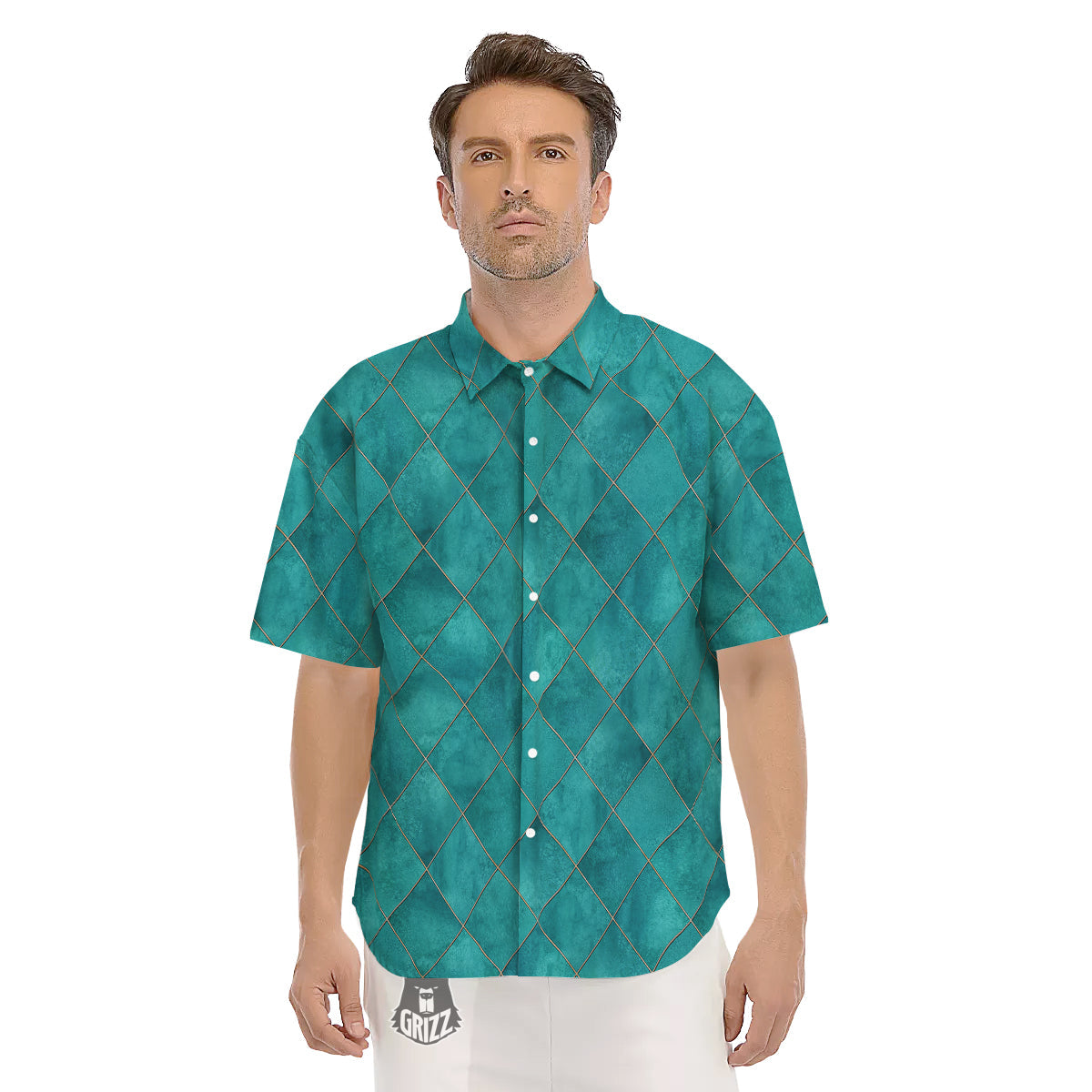 Argyle Turquoise Print Pattern Men's Short Sleeve Shirts-grizzshop