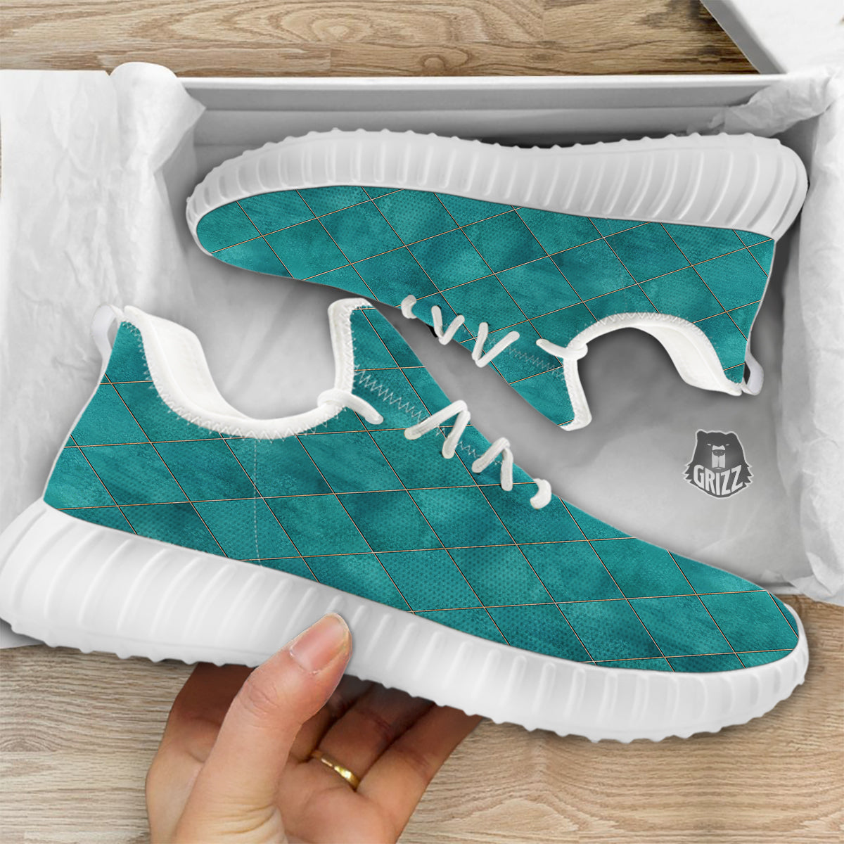 Argyle Turquoise Print Pattern White Walking Shoes-grizzshop
