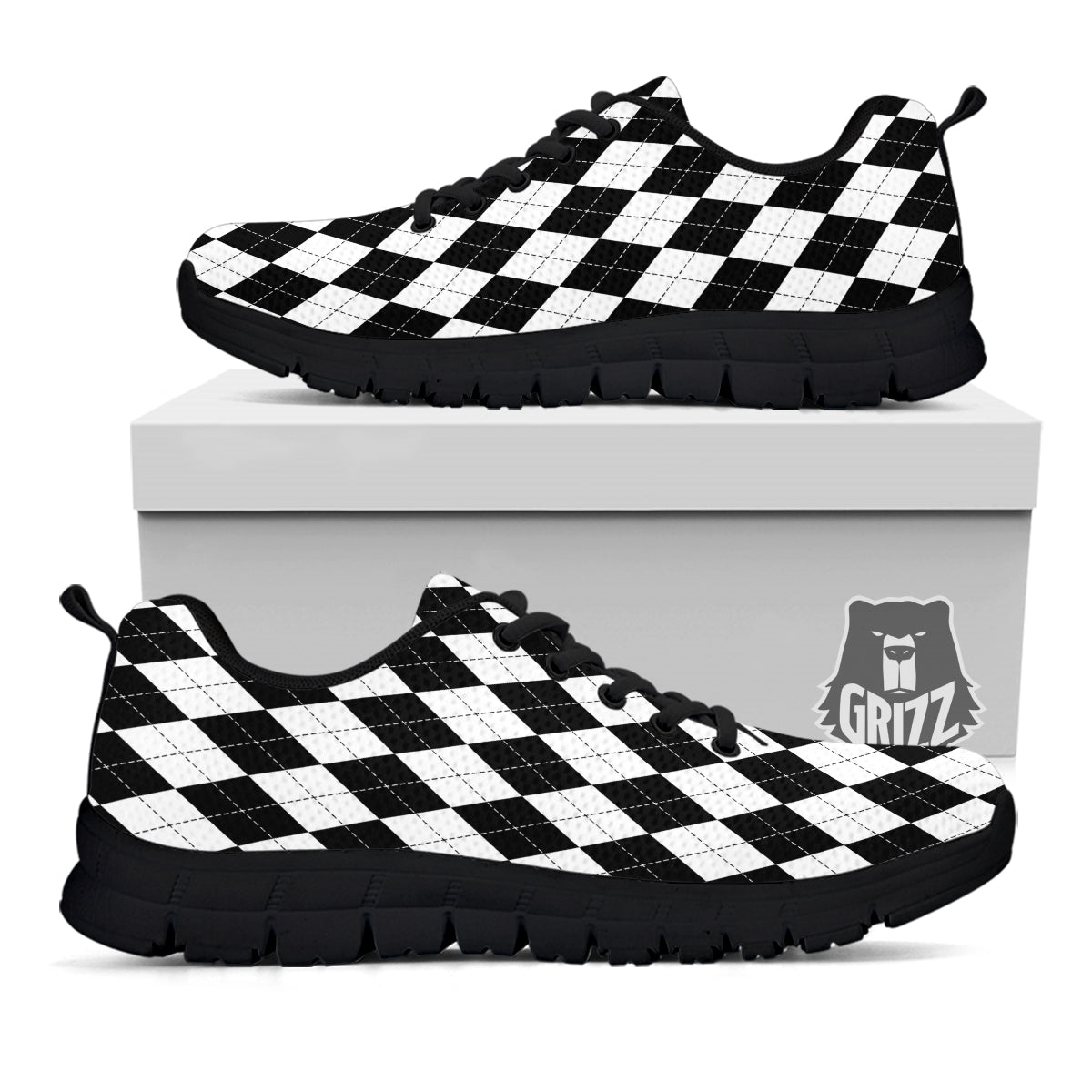 Argyle White And Black Print Pattern Black Sneaker-grizzshop