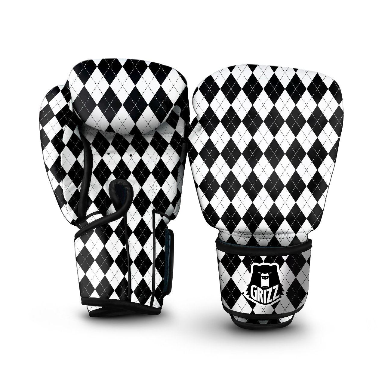 Argyle White And Black Print Pattern Boxing Gloves-grizzshop