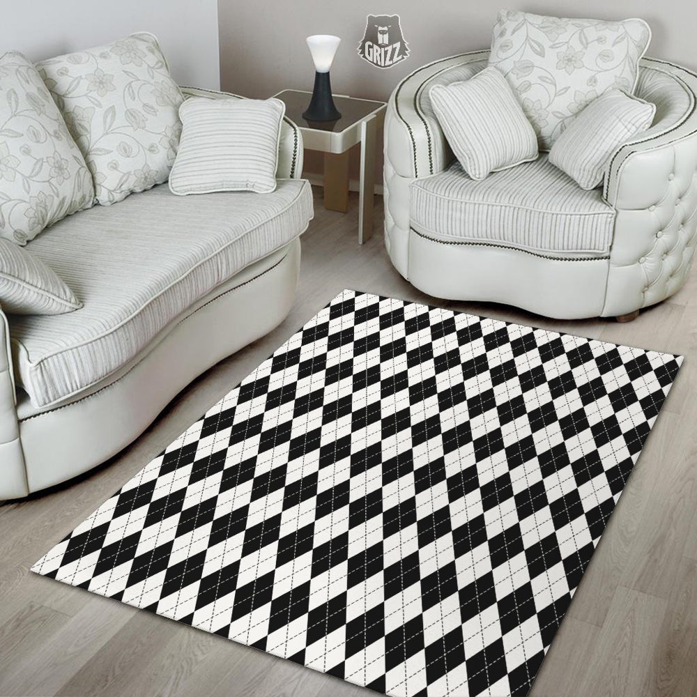 Argyle White And Black Print Pattern Floor Mat-grizzshop