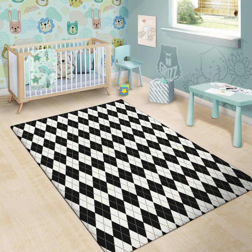 Argyle White And Black Print Pattern Floor Mat-grizzshop