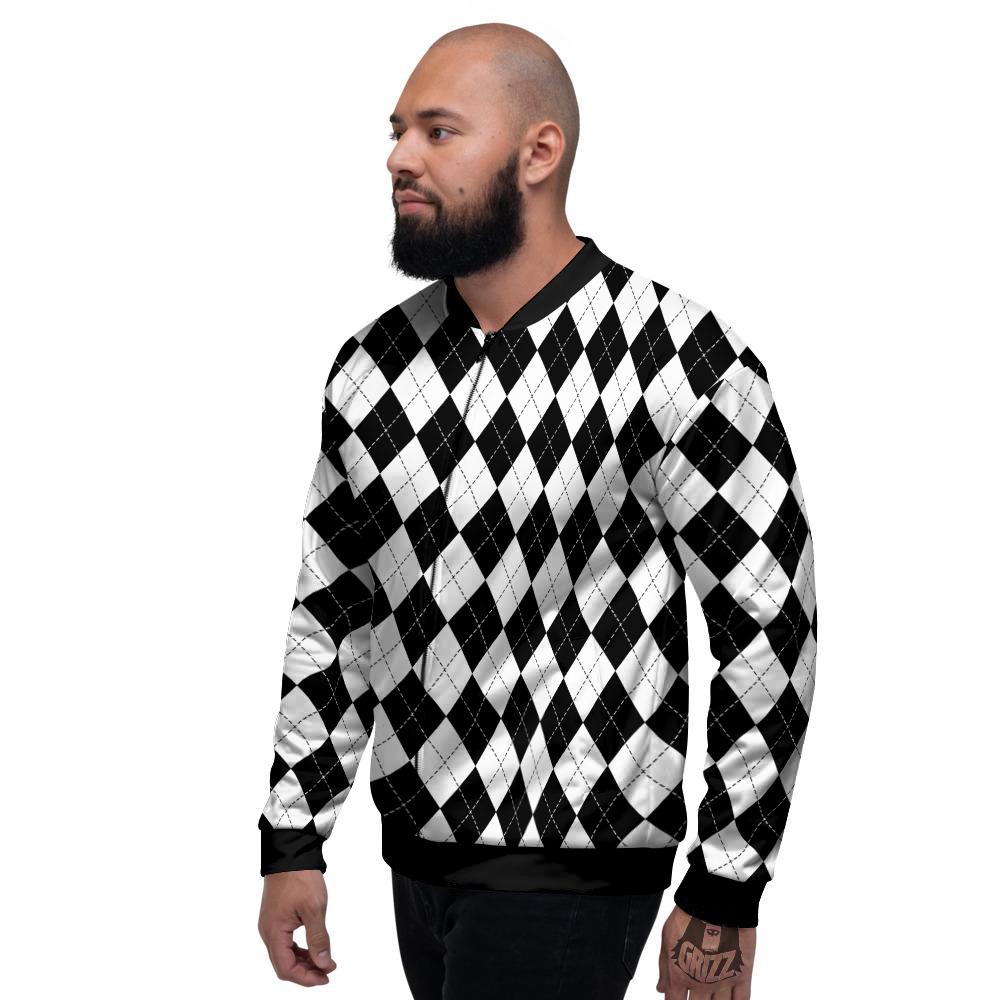 Argyle White And Black Print Pattern Men's Bomber Jacket-grizzshop