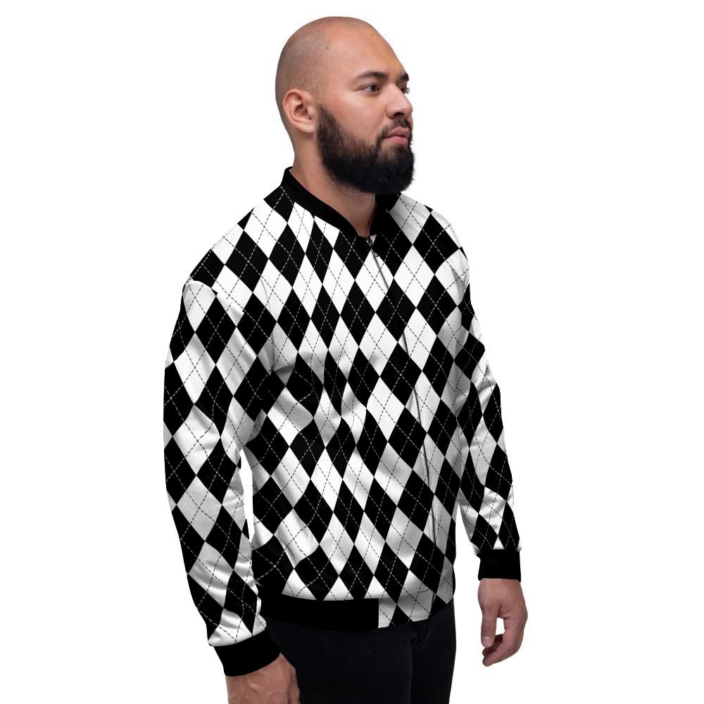 Argyle White And Black Print Pattern Men's Bomber Jacket-grizzshop