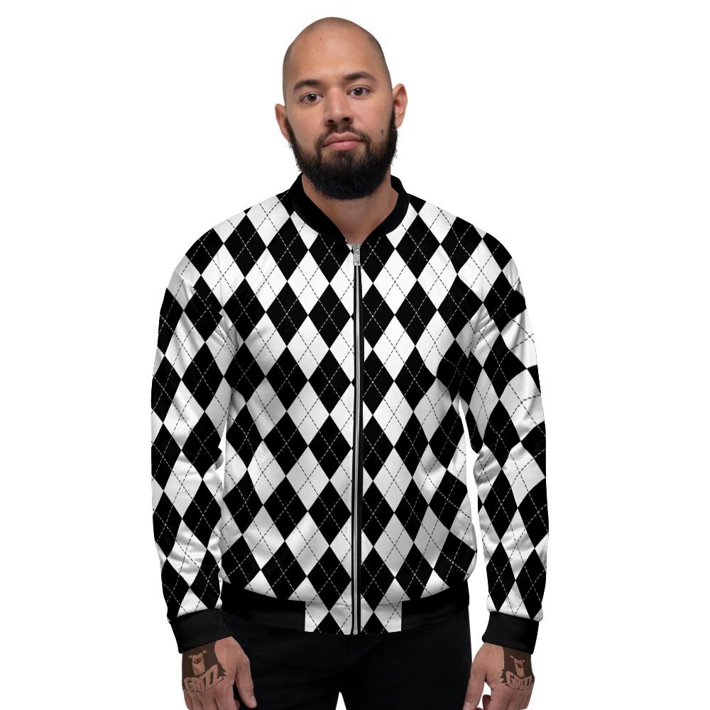 Argyle White And Black Print Pattern Men's Bomber Jacket-grizzshop