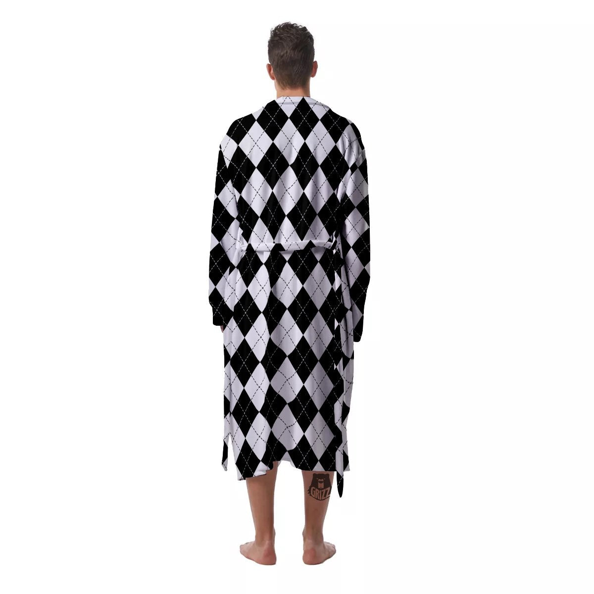 Argyle White And Black Print Pattern Men's Robe-grizzshop