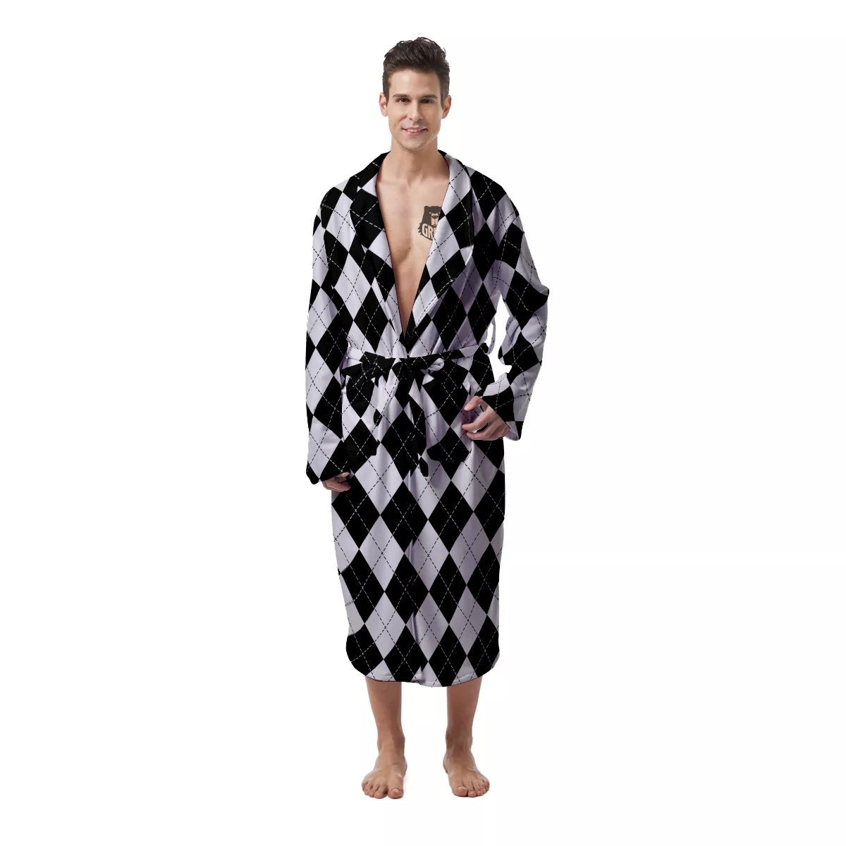 Argyle White And Black Print Pattern Men's Robe-grizzshop