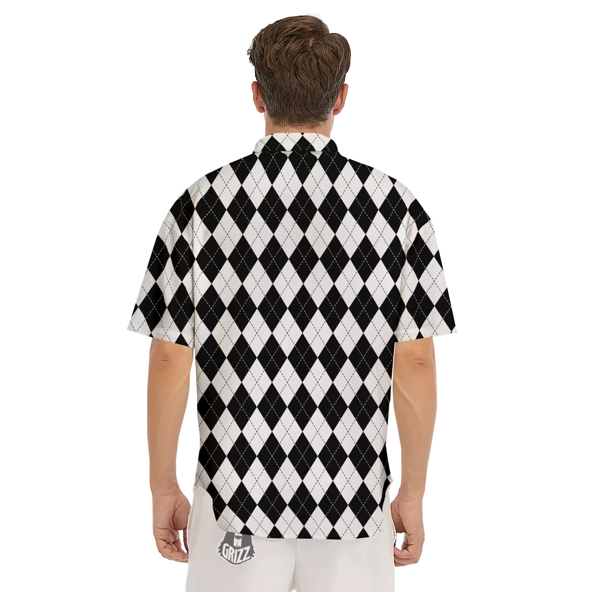 Argyle White And Black Print Pattern Men's Short Sleeve Shirts-grizzshop