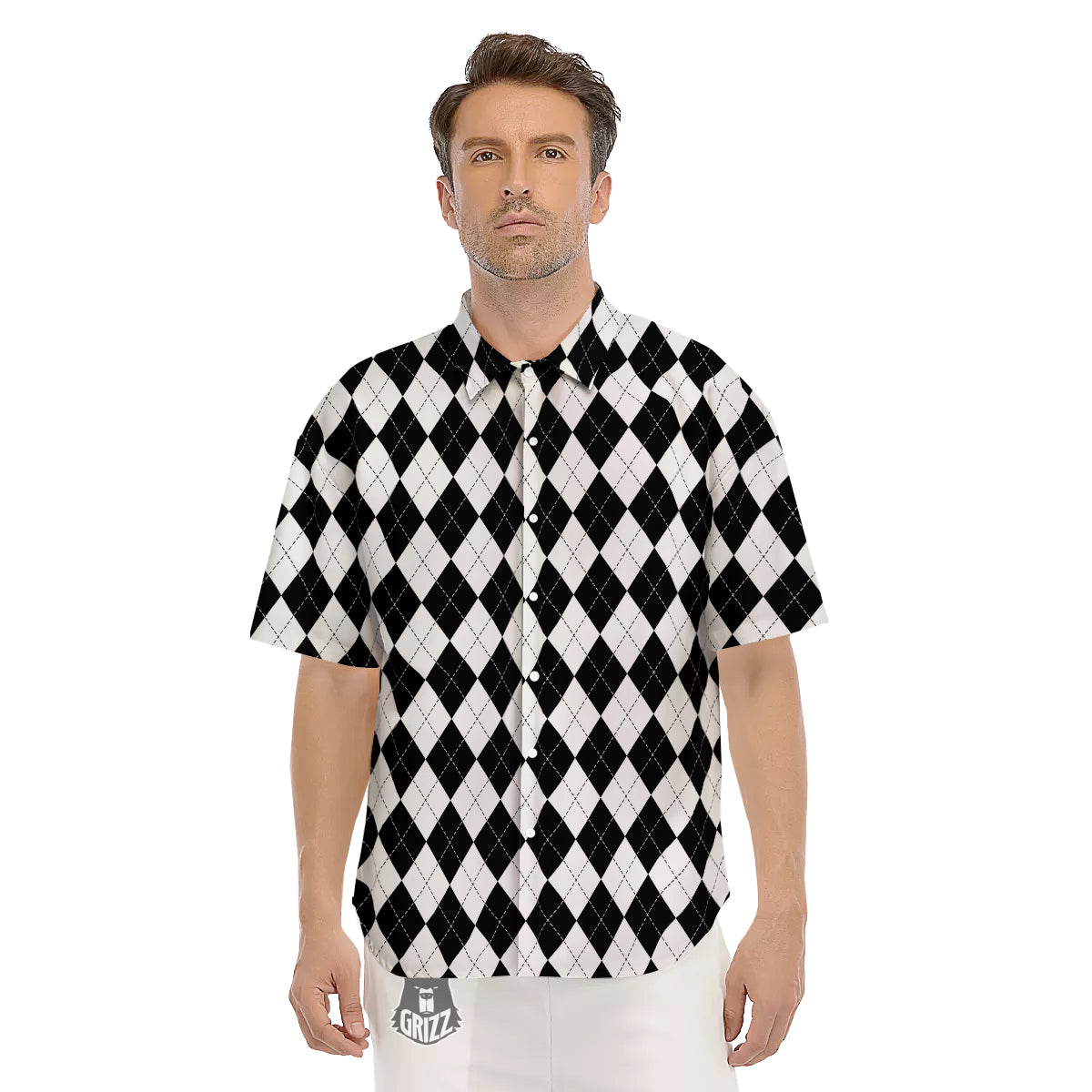 Argyle White And Black Print Pattern Men's Short Sleeve Shirts-grizzshop