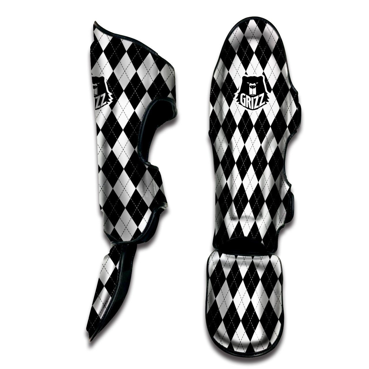 Argyle White And Black Print Pattern Muay Thai Shin Guards-grizzshop