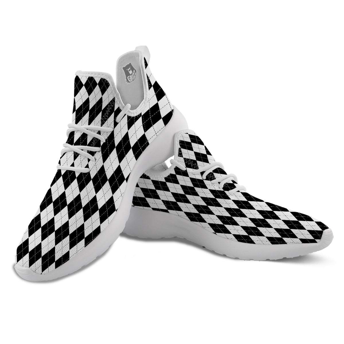 Argyle White And Black Print Pattern White Athletic Shoes-grizzshop