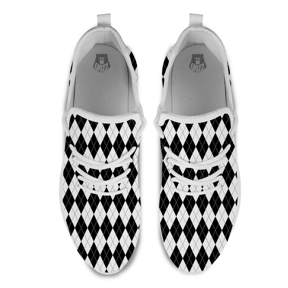 Argyle White And Black Print Pattern White Athletic Shoes-grizzshop