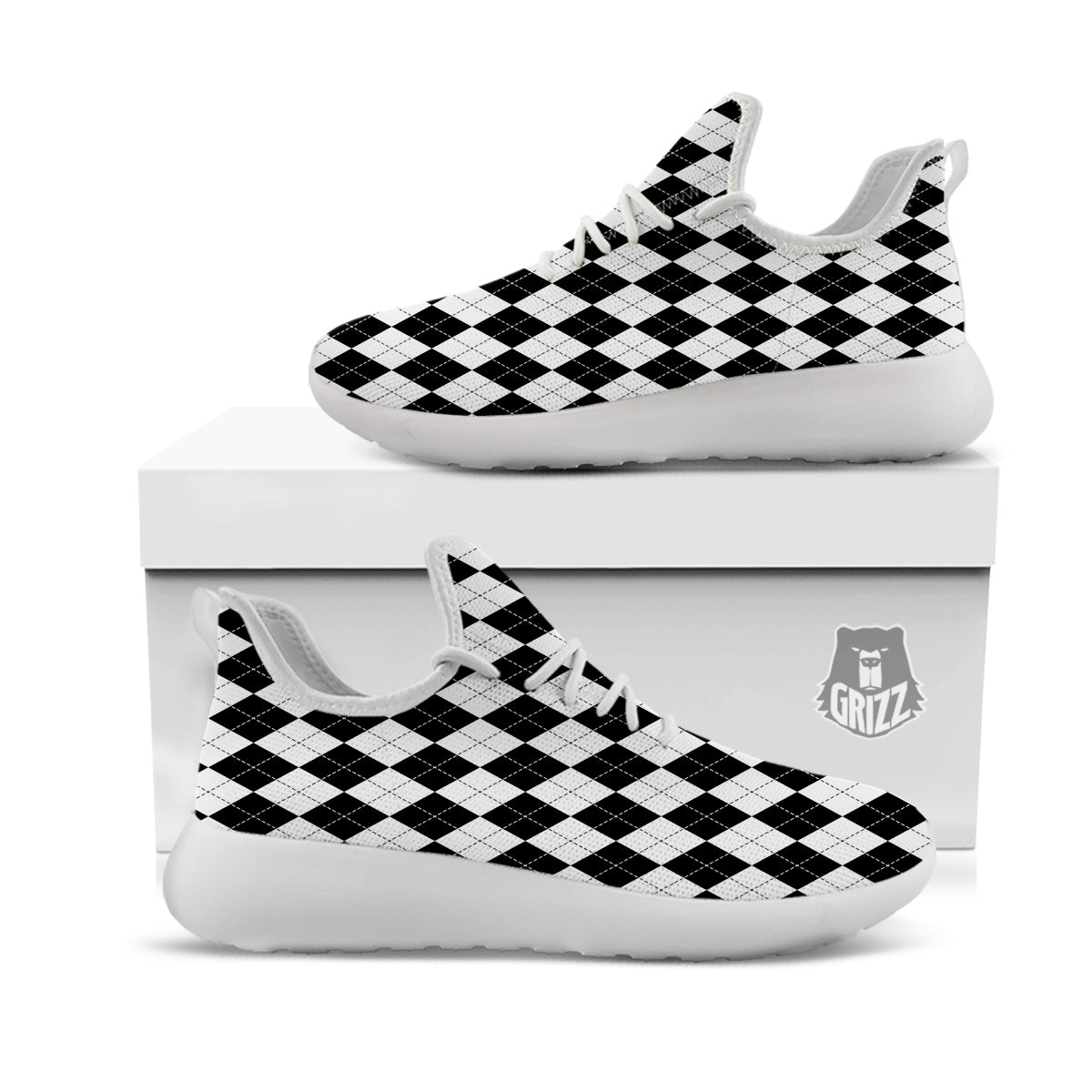 Argyle White And Black Print Pattern White Athletic Shoes-grizzshop