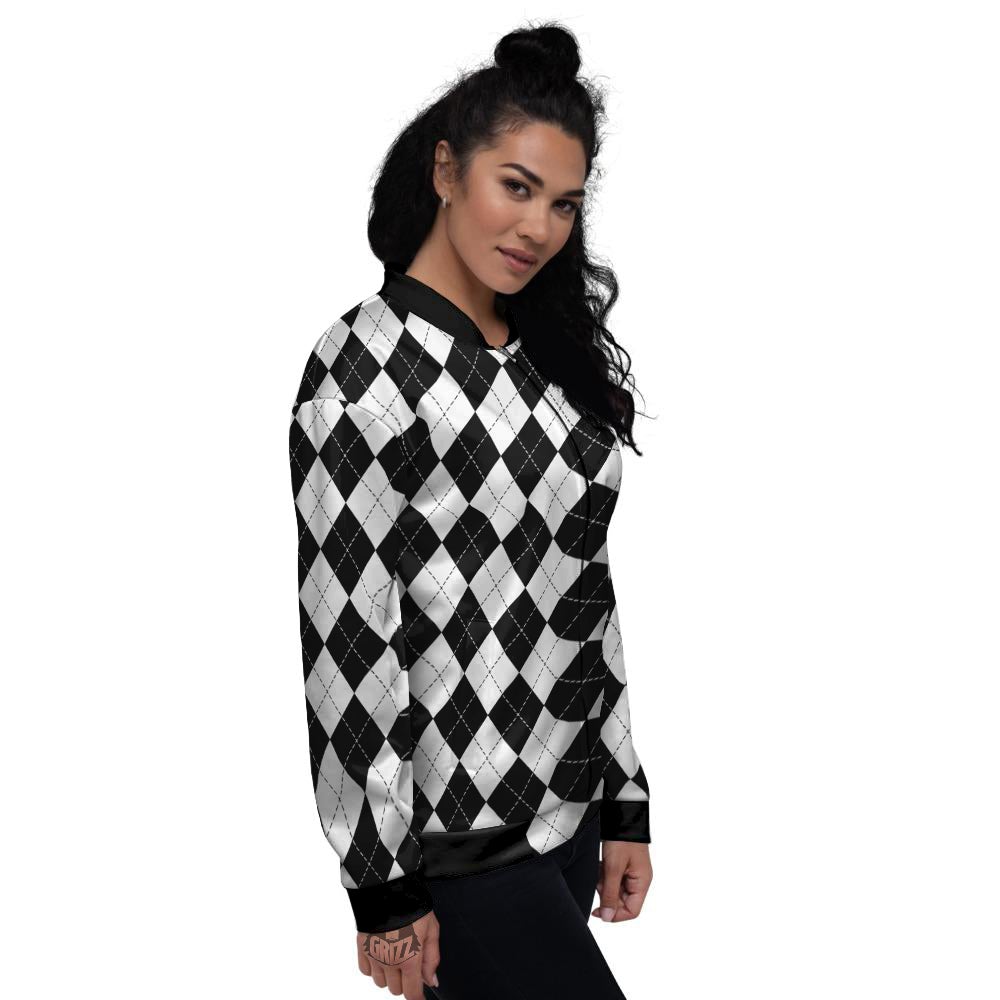 Argyle White And Black Print Pattern Women's Bomber Jacket-grizzshop