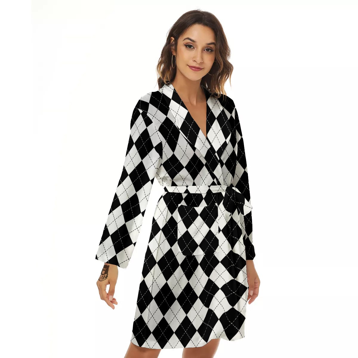 Argyle White And Black Print Pattern Women's Robe-grizzshop