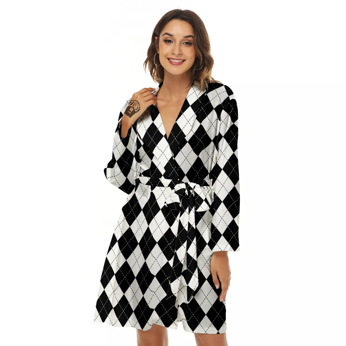 Argyle White And Black Print Pattern Women's Robe-grizzshop