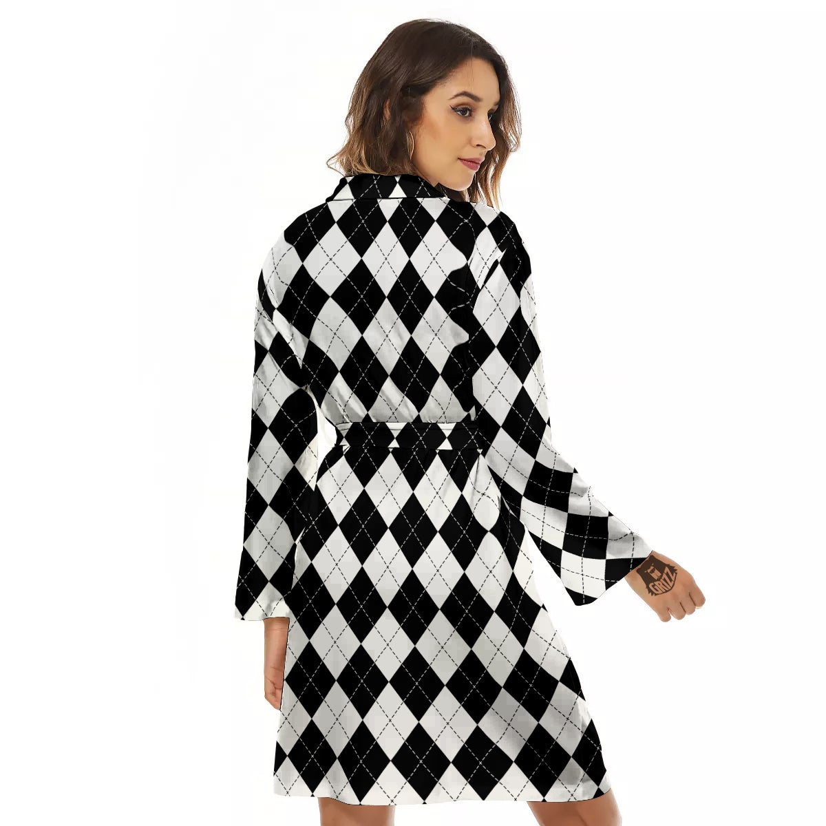 Argyle White And Black Print Pattern Women's Robe-grizzshop