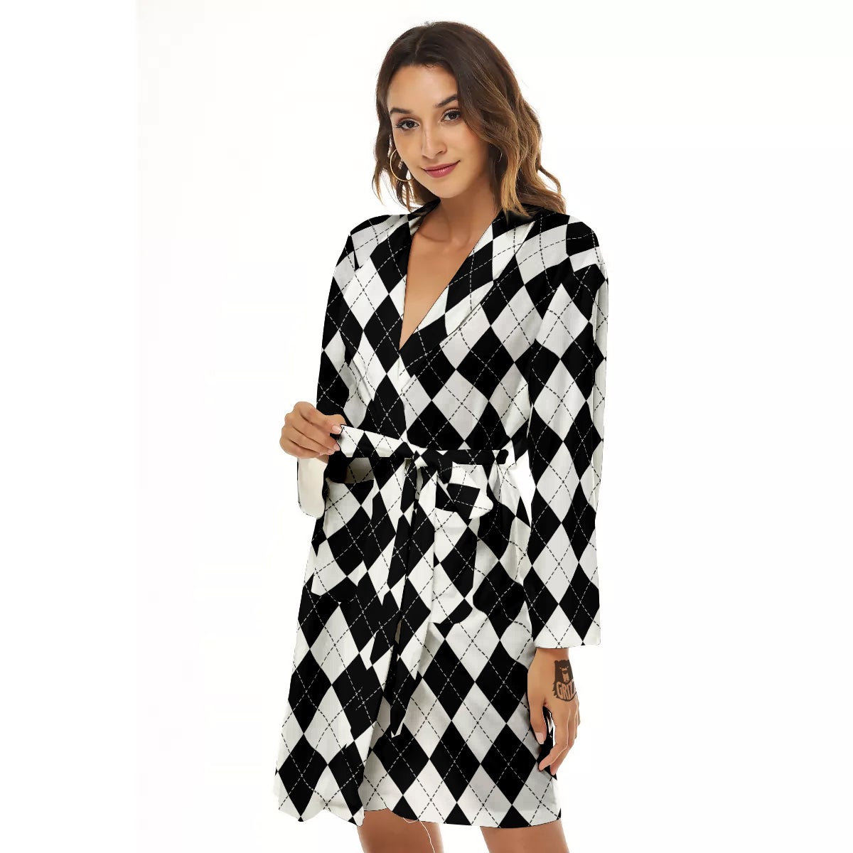 Argyle White And Black Print Pattern Women's Robe-grizzshop