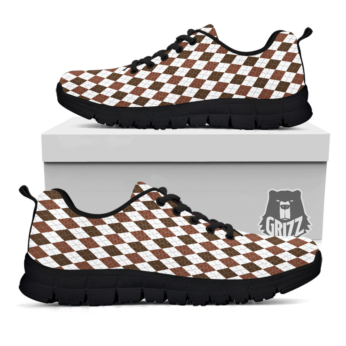 Argyle White And Brown Print Pattern Black Sneaker-grizzshop