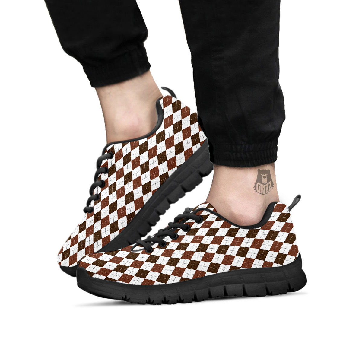 Argyle White And Brown Print Pattern Black Sneaker-grizzshop