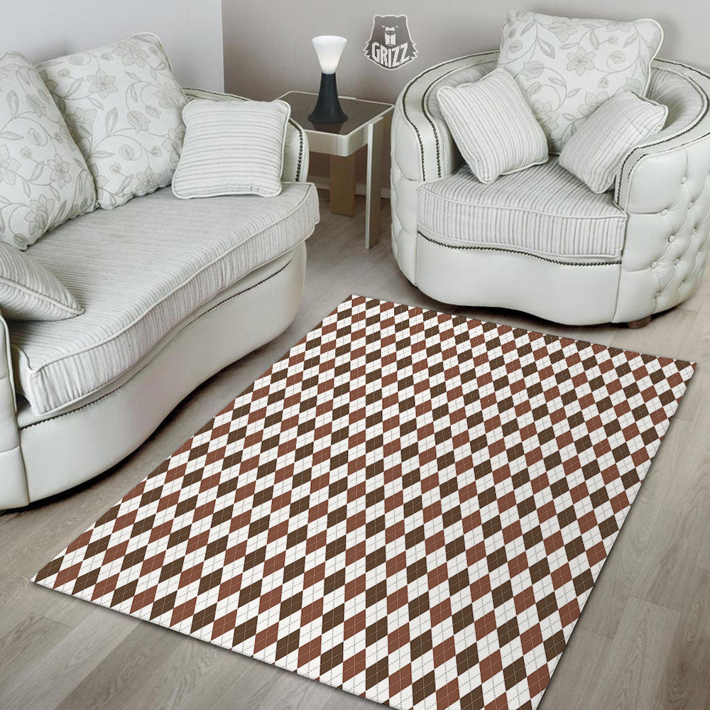 Argyle White And Brown Print Pattern Floor Mat-grizzshop
