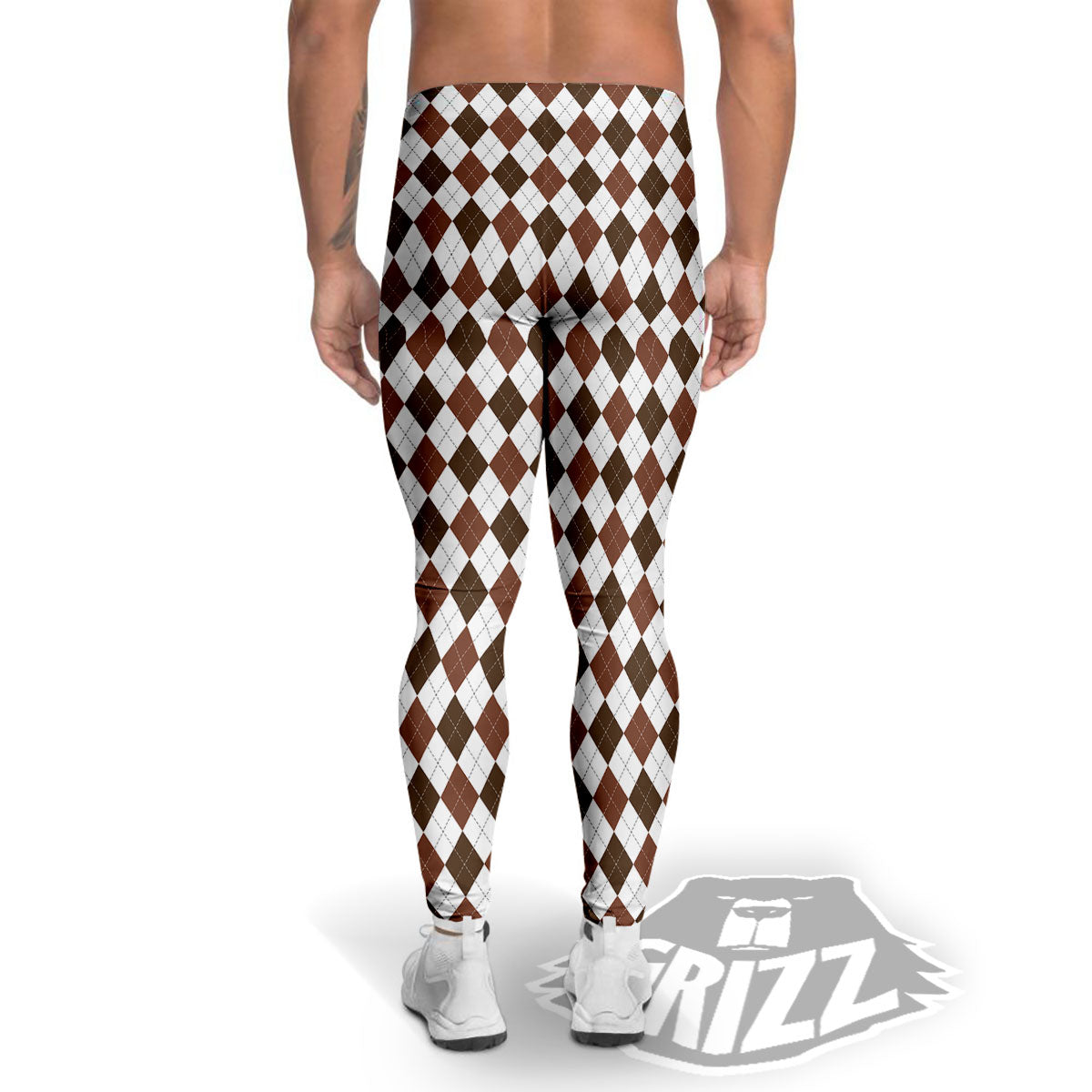 Argyle White And Brown Print Pattern Men's Leggings-grizzshop