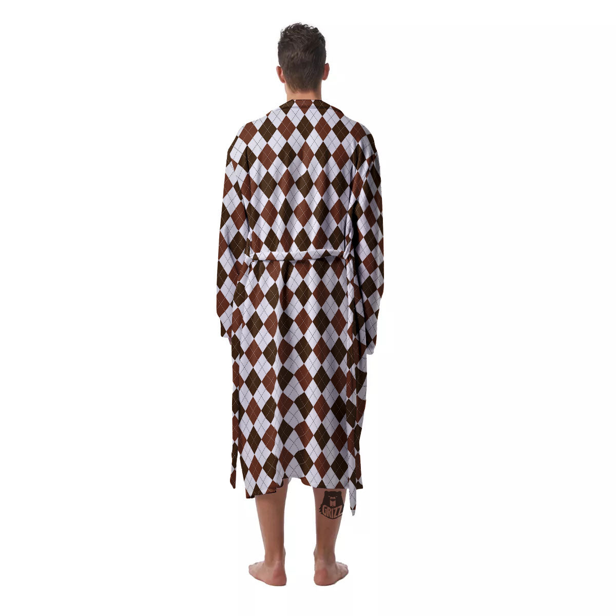 Argyle White And Brown Print Pattern Men's Robe-grizzshop
