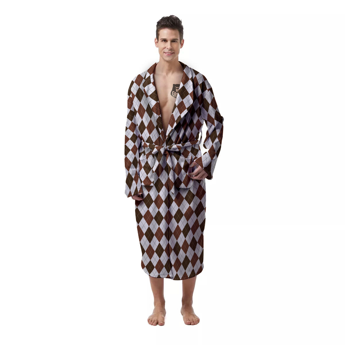 Argyle White And Brown Print Pattern Men's Robe-grizzshop