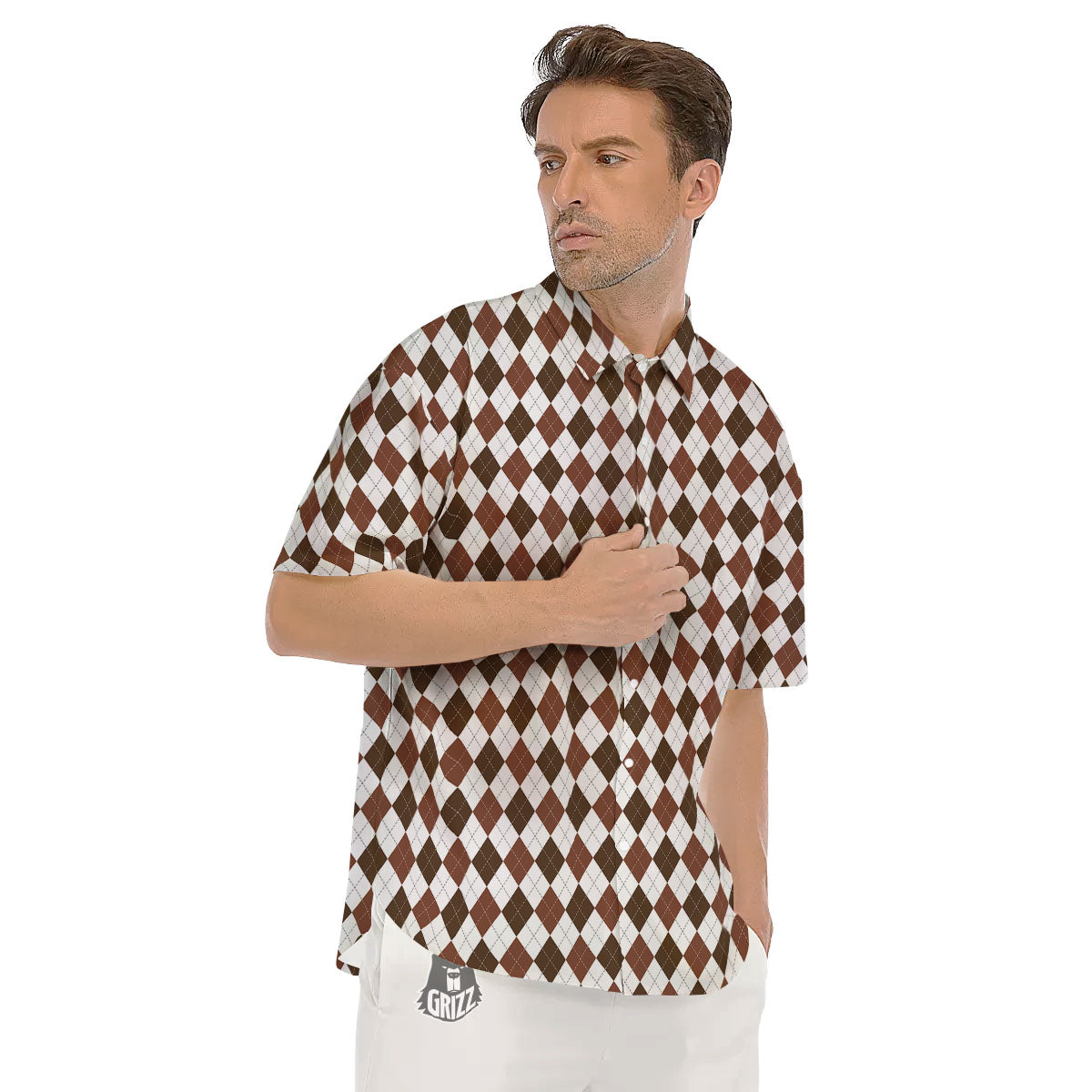 Argyle White And Brown Print Pattern Men's Short Sleeve Shirts-grizzshop