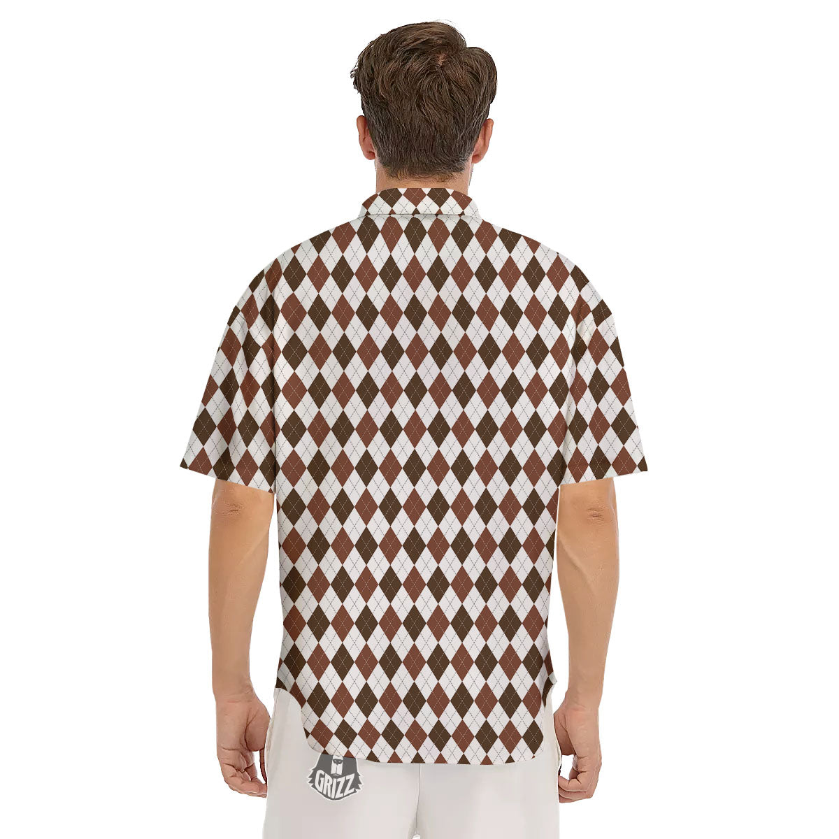 Argyle White And Brown Print Pattern Men's Short Sleeve Shirts-grizzshop