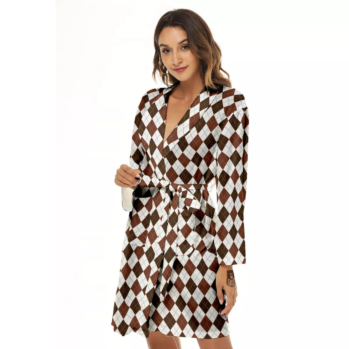 Argyle White And Brown Print Pattern Women's Robe-grizzshop