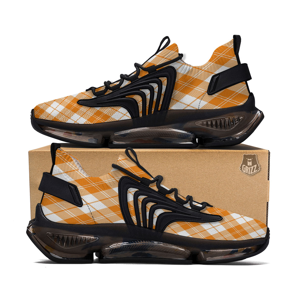 Argyle White And Orange Print Pattern Black Gym Shoes-grizzshop