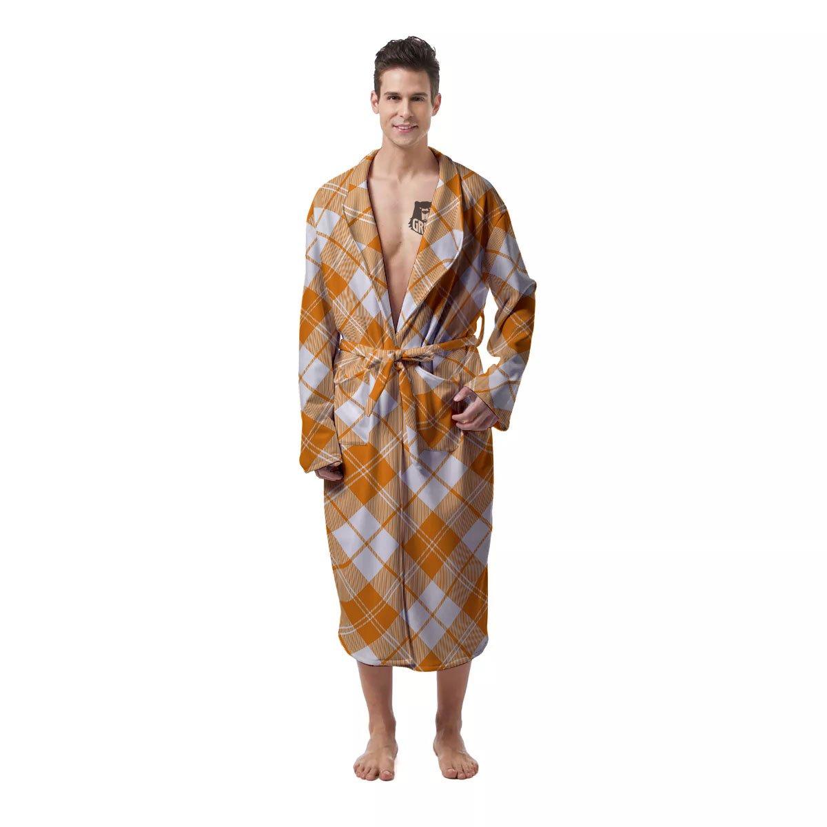 Argyle White And Orange Print Pattern Men's Robe-grizzshop