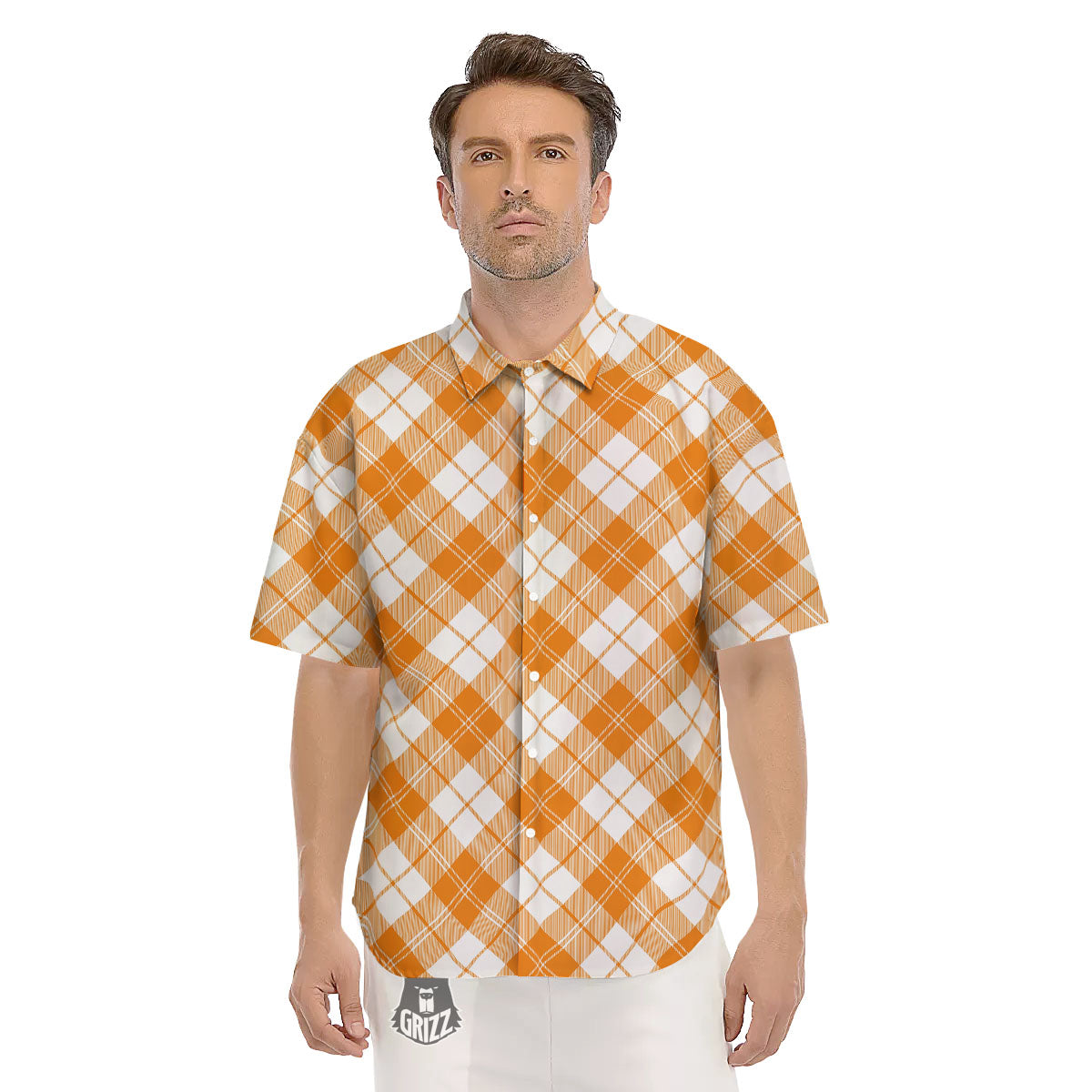 Argyle White And Orange Print Pattern Men's Short Sleeve Shirts-grizzshop