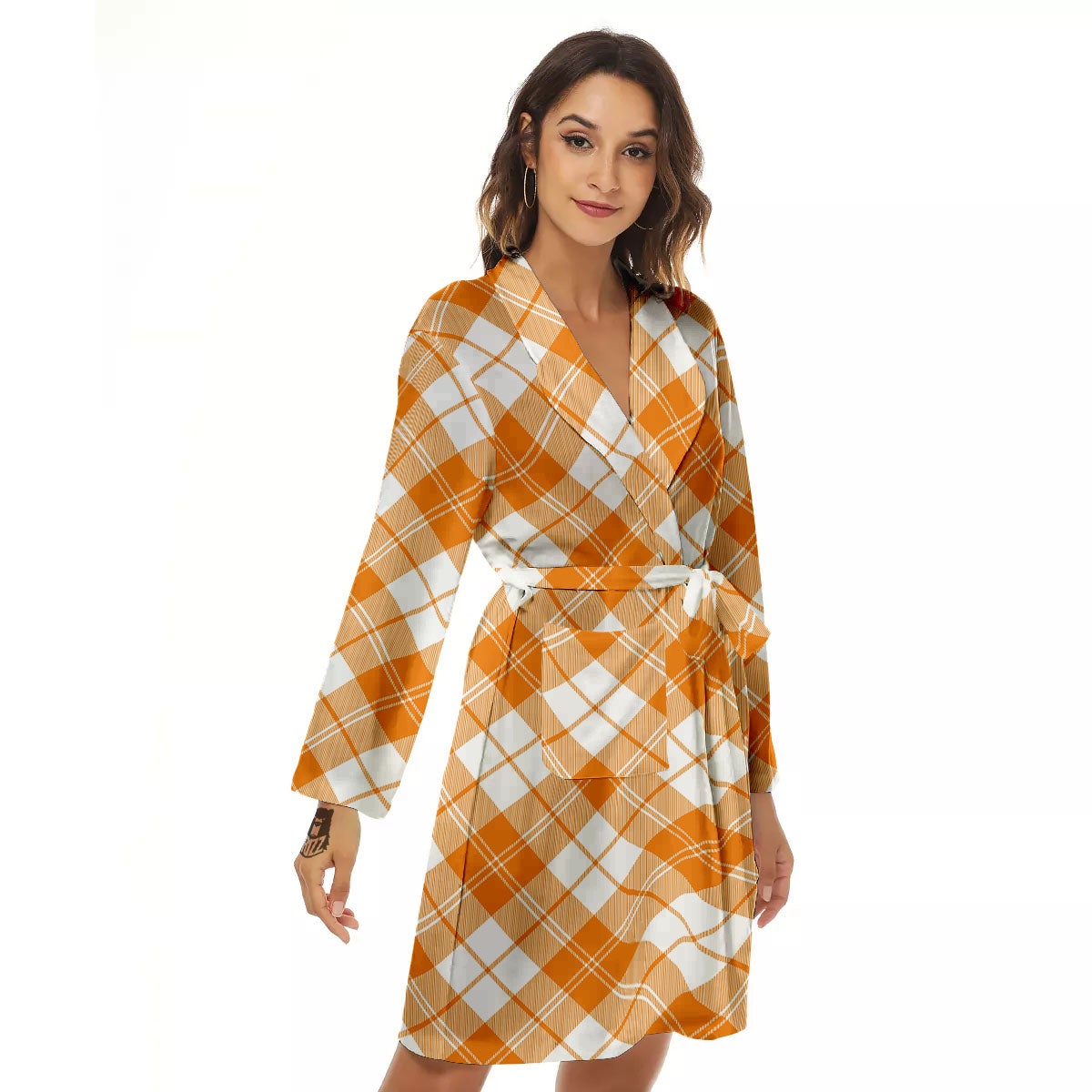 Argyle White And Orange Print Pattern Women's Robe-grizzshop