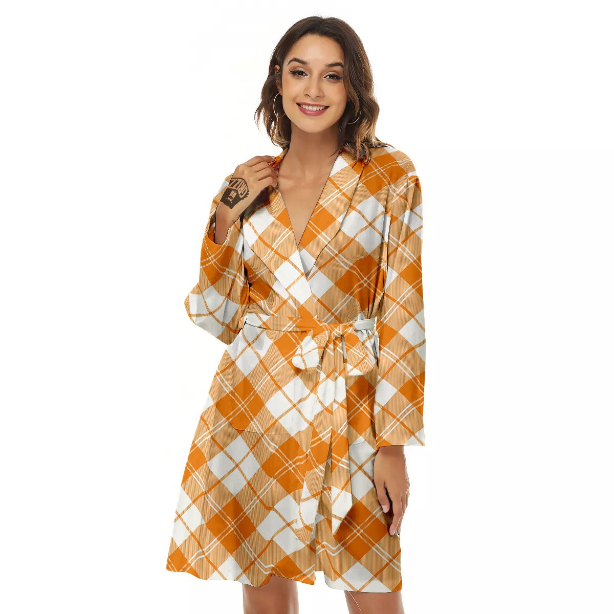 Argyle White And Orange Print Pattern Women's Robe-grizzshop