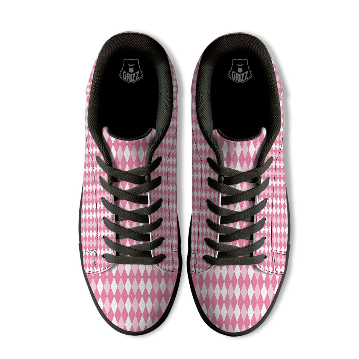 Argyle White And Pink Print Pattern Black Low Top Sneakers-grizzshop