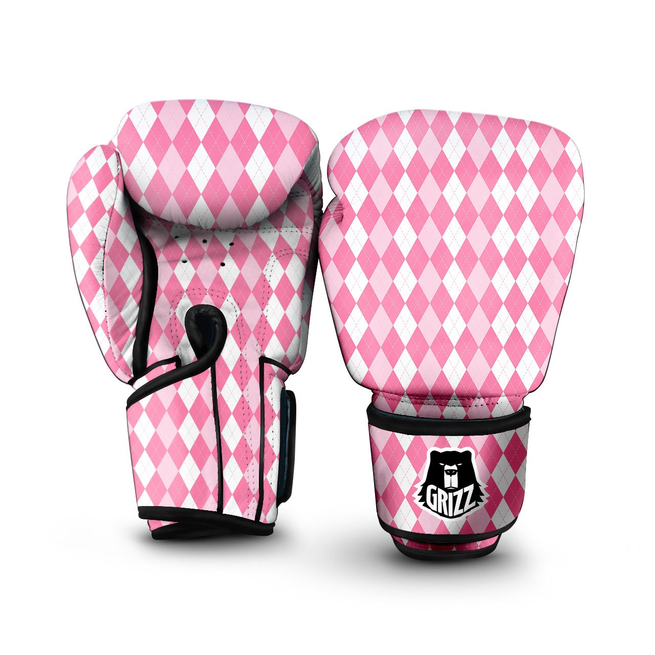 Argyle White And Pink Print Pattern Boxing Gloves-grizzshop