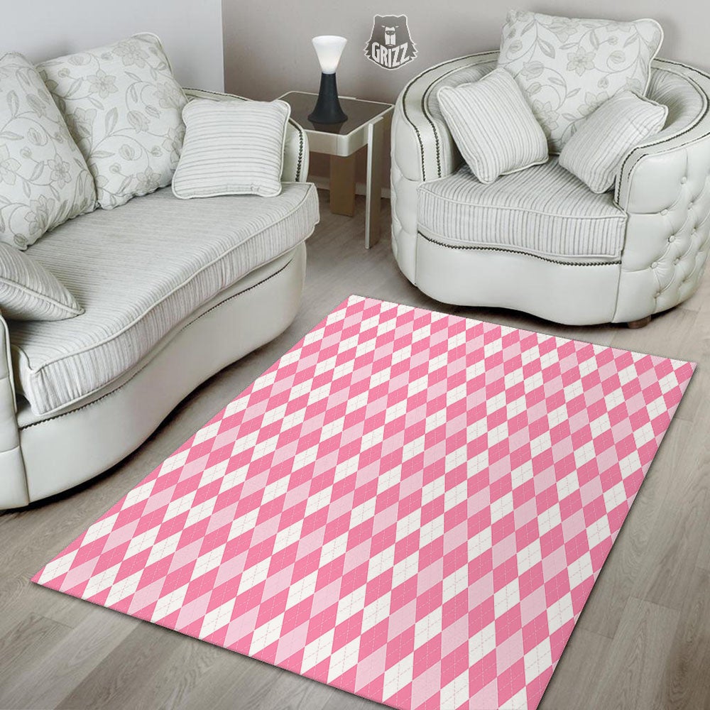 Argyle White And Pink Print Pattern Floor Mat-grizzshop