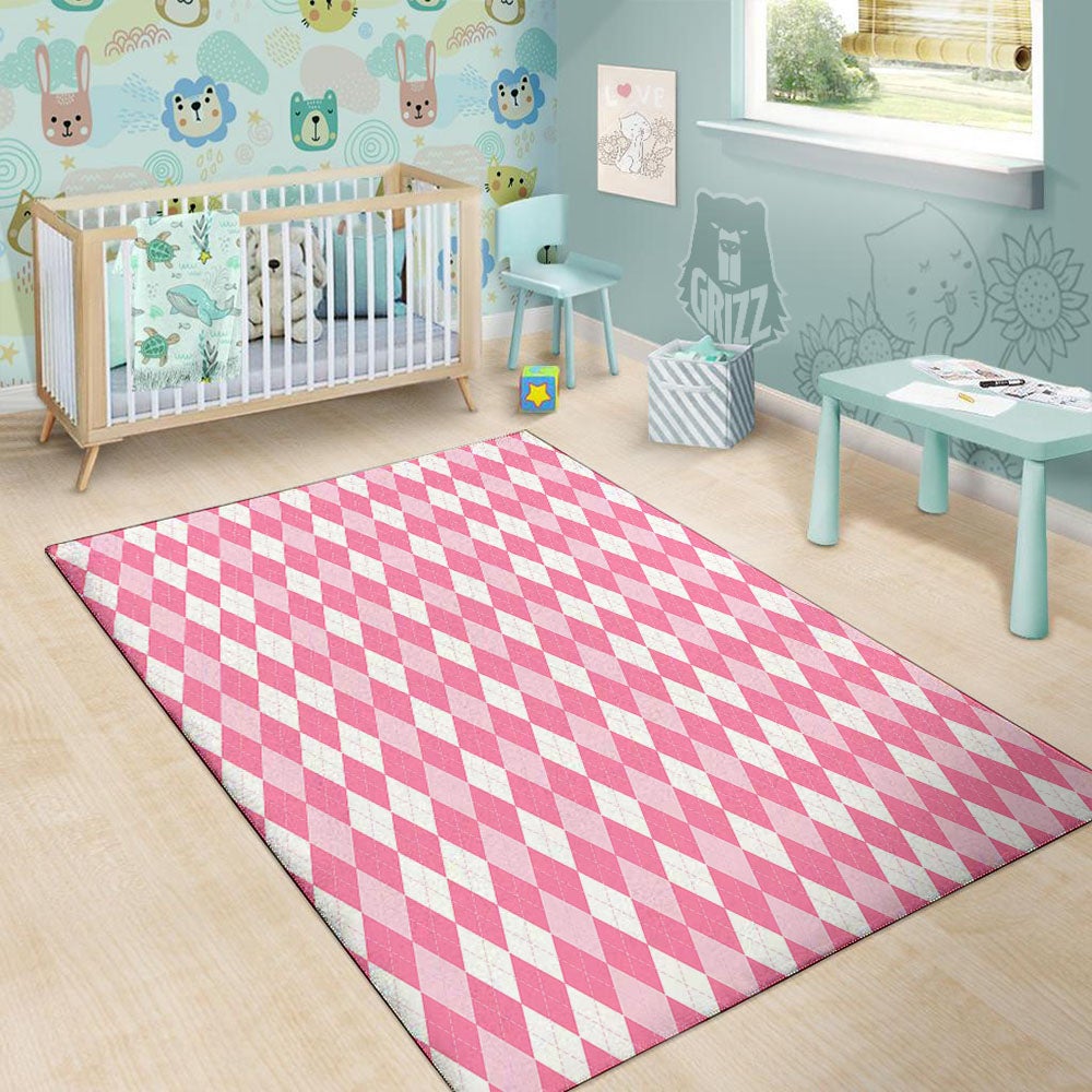 Argyle White And Pink Print Pattern Floor Mat-grizzshop