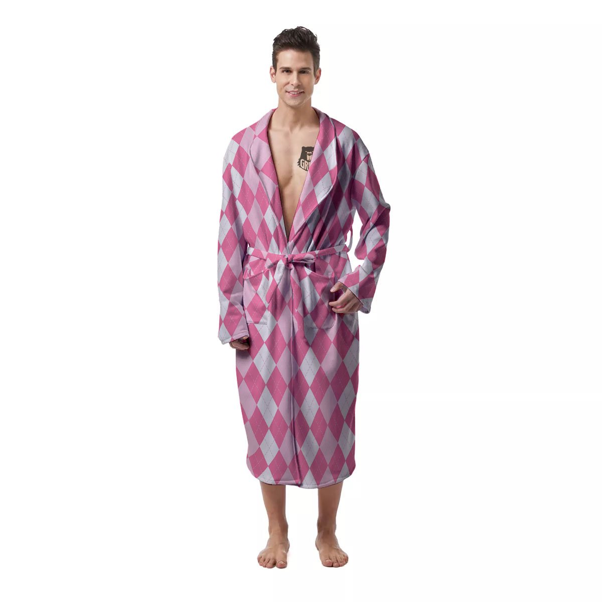 Argyle White And Pink Print Pattern Men's Robe-grizzshop