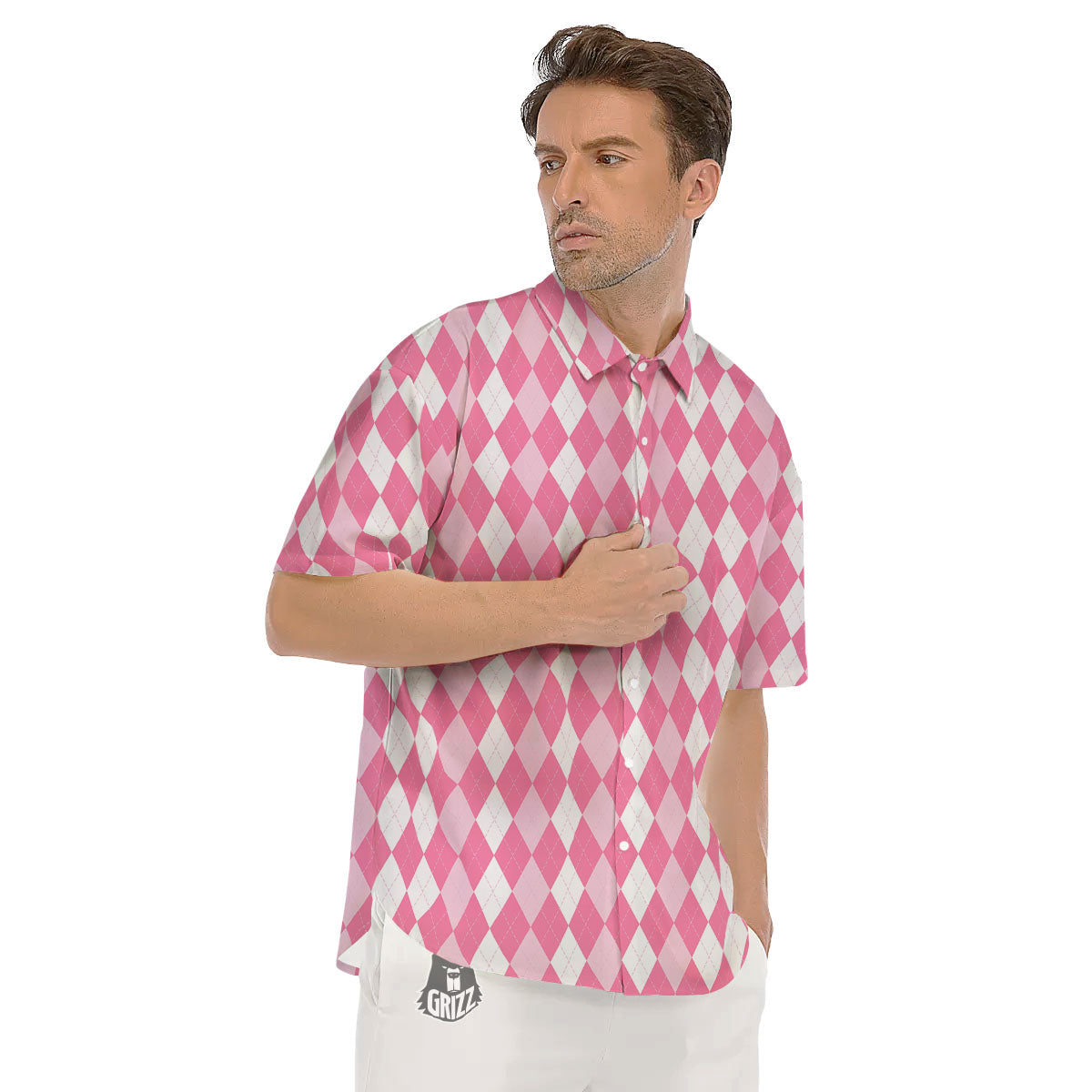 Argyle White And Pink Print Pattern Men's Short Sleeve Shirts-grizzshop