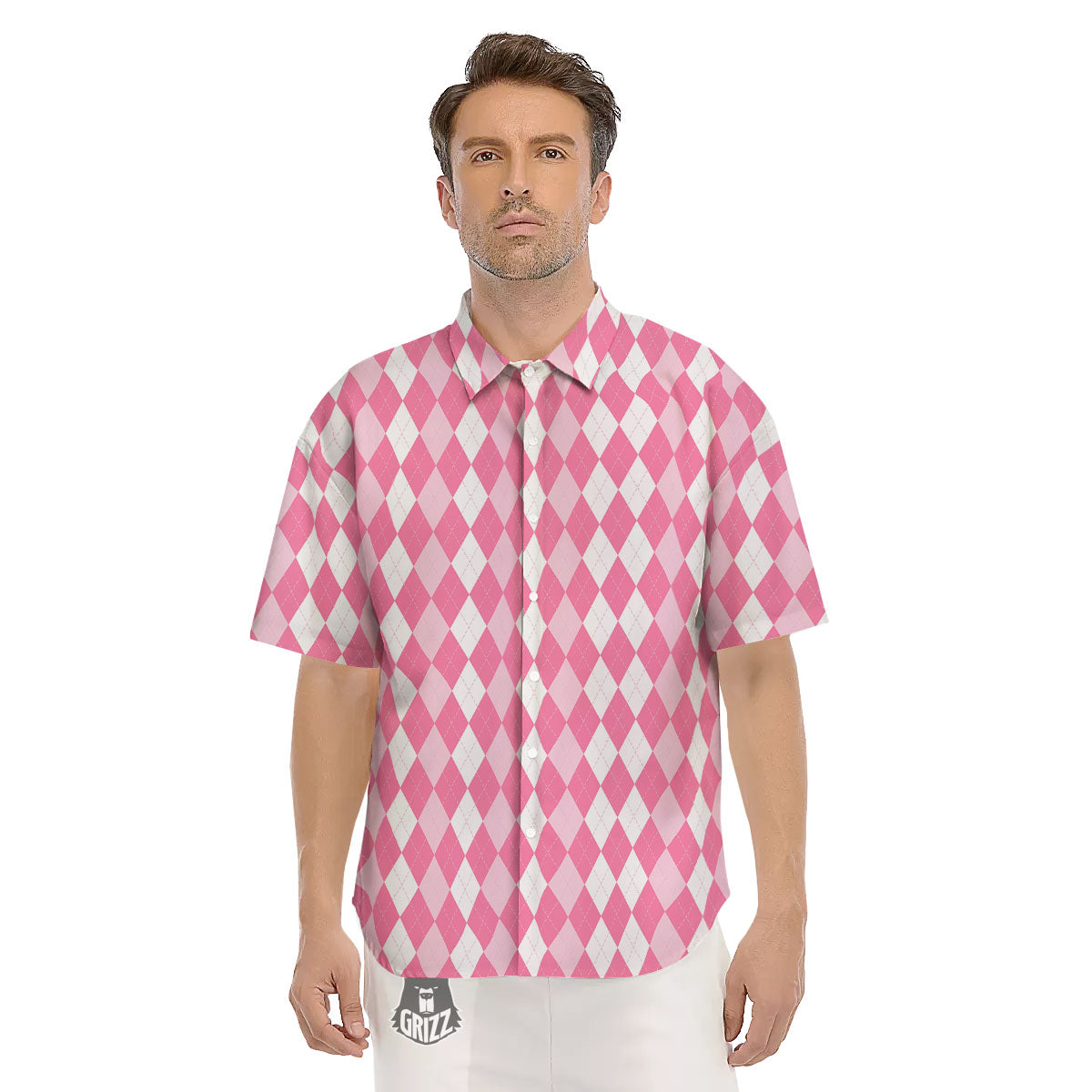 Argyle White And Pink Print Pattern Men's Short Sleeve Shirts-grizzshop